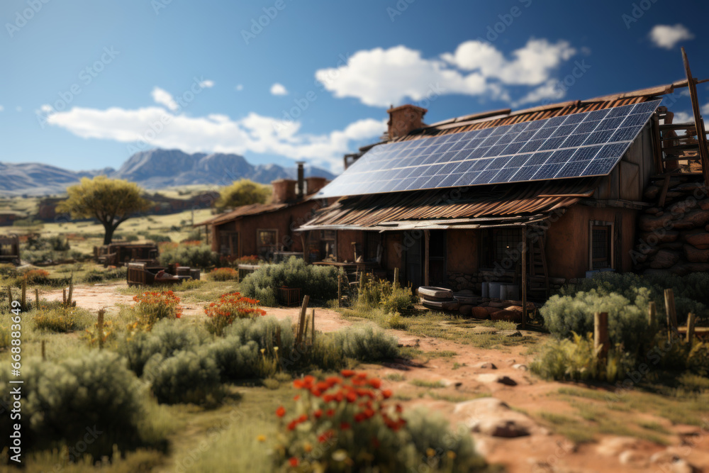A clean energy project electrifying a remote village, improving living conditions and promoting economic growth. Generative Ai. A clean energy project electrifying a remote village, improving living conditions and promoting economic growth. Generative Ai.