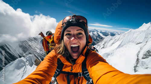 Woman in orange jacket taking selfie on the mountaintop from above.