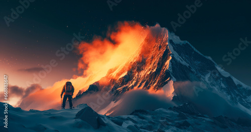 A lone climber standing on a mountain that is glowing brightly.