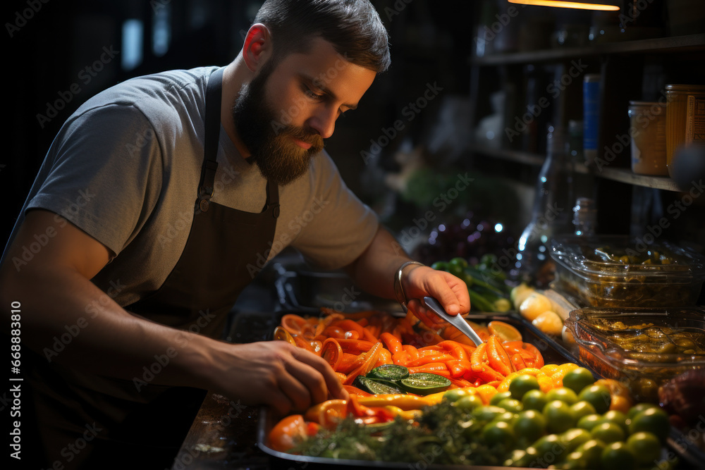 A chef preparing a gourmet meal with surplus food that would have otherwise gone to waste, illustrating the fight against food waste. Generative Ai. A chef preparing a gourmet meal with surplus food that would have otherwise gone to waste, illustrating the fight against food waste. Generative Ai.