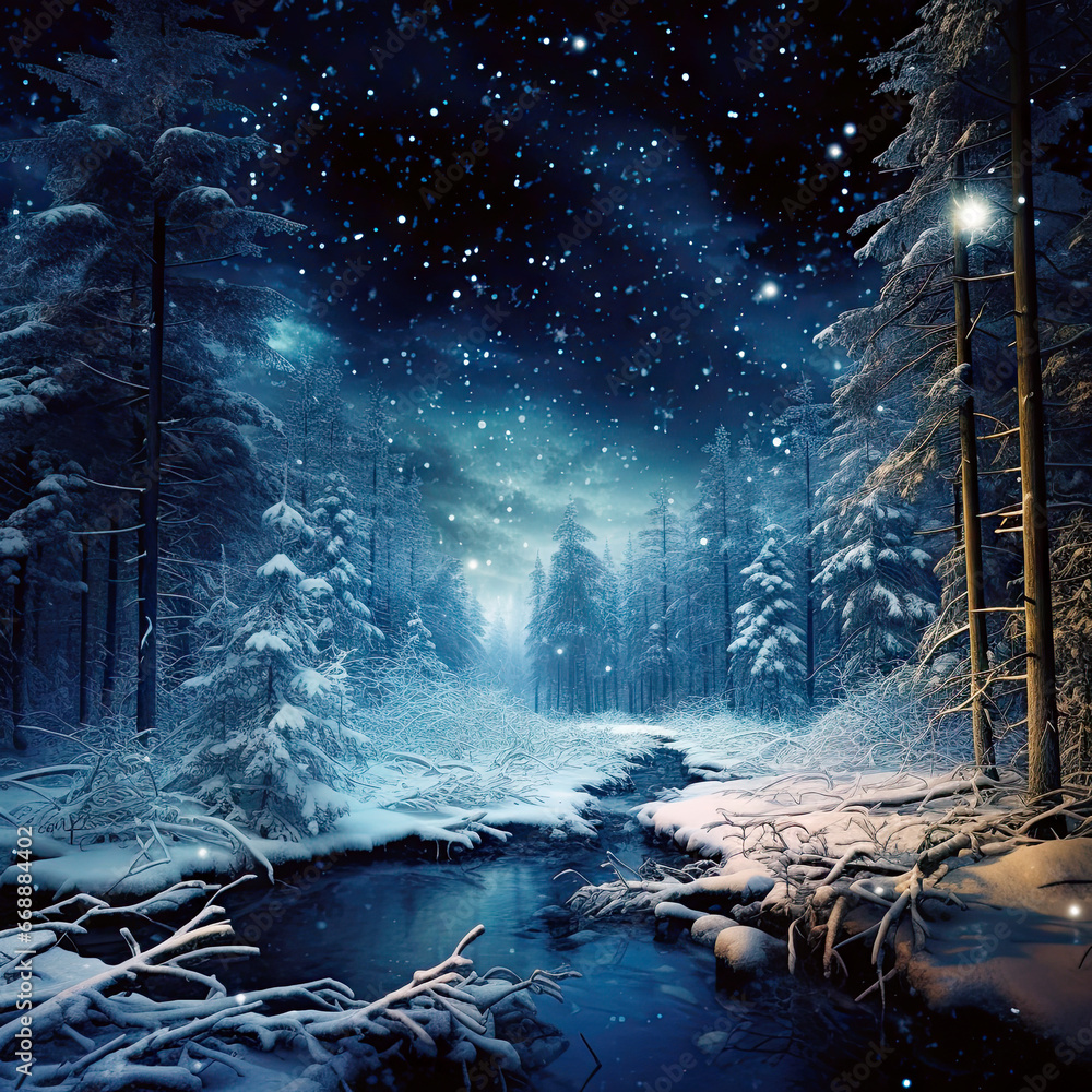Christmas winter landscape at night with fir trees, stars and lights. New Year seasonal background.