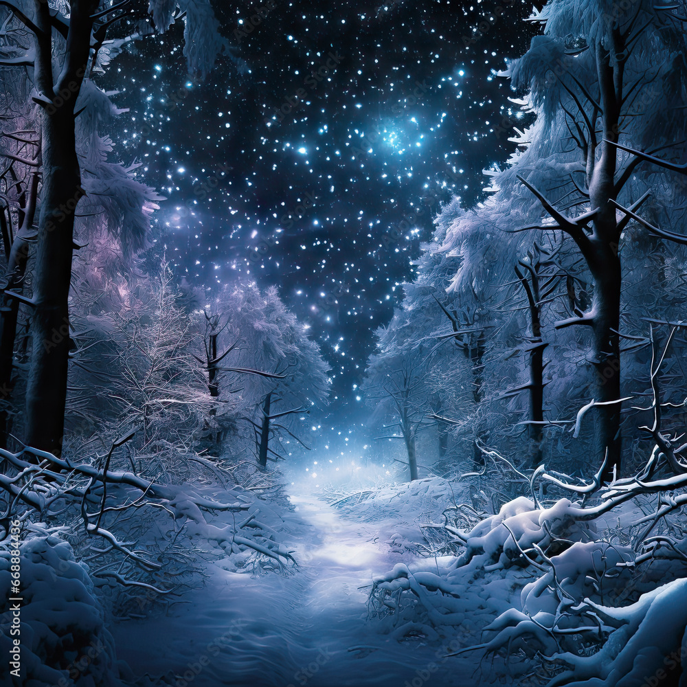 Christmas winter landscape at night with fir trees, stars and lights. New Year seasonal background.