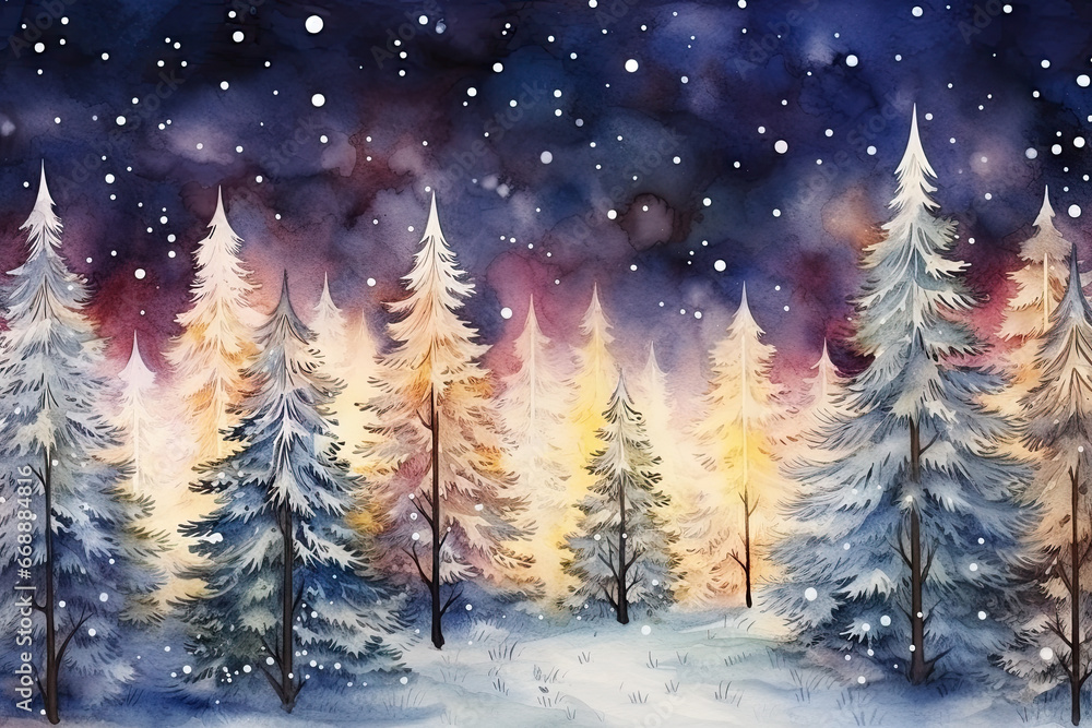 Christmas winter landscape at night with fir trees, stars, snow and lights in watercolor style.