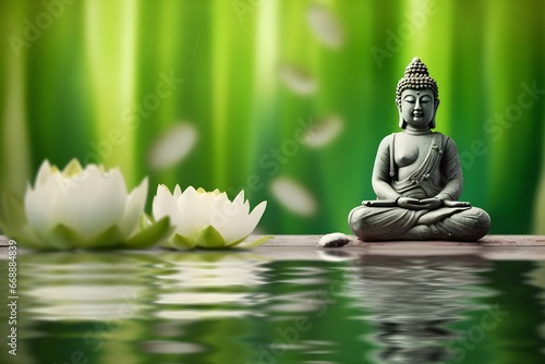 a statue of a buddha sitting on a rock next to a white flower