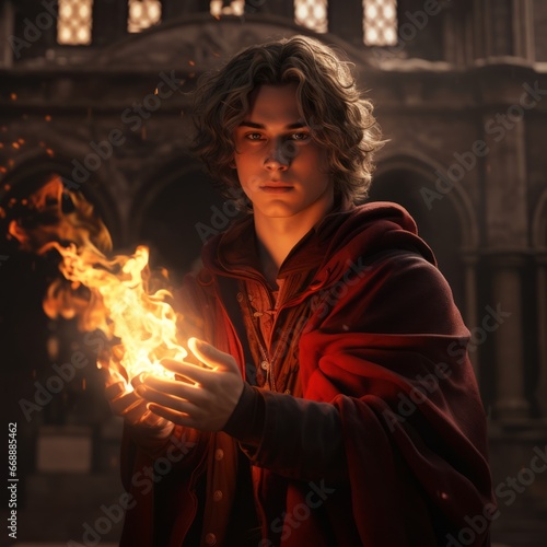 a man in red robe holding fire
