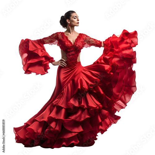 Woman in red dress performing flamenco