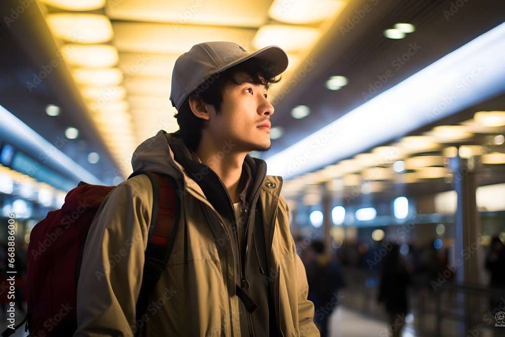 Young Asian traveler waiting for flight at the airport. Young Asian traveler waiting for flight at the airport.