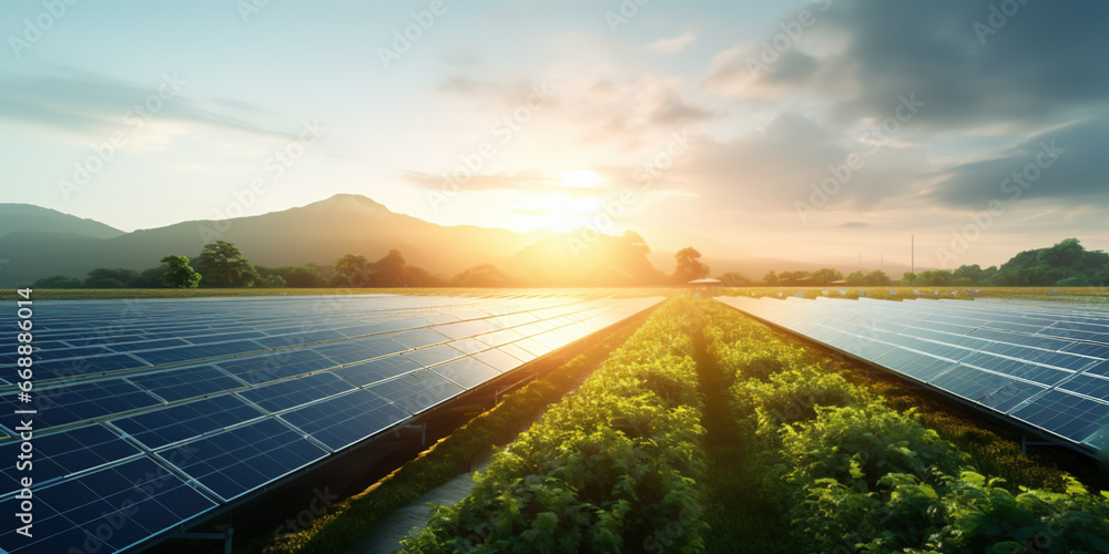 Aerial view of a solar farm generating solar power over many rows of solar panels - obrazy, fototapety, plakaty 