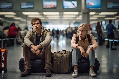 Passenger couple waiting for delayed flight photo
