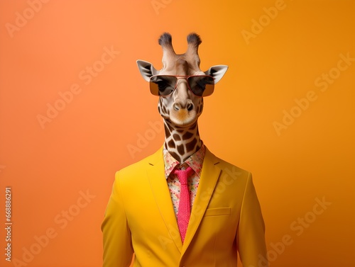a giraffe wearing a suit and sunglasses