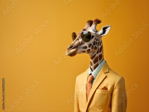 a giraffe wearing a suit and sunglasses