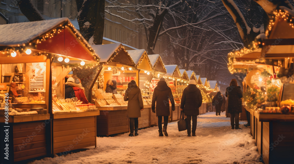 Festive christmas market with vendor stalls and colorful decorations at night