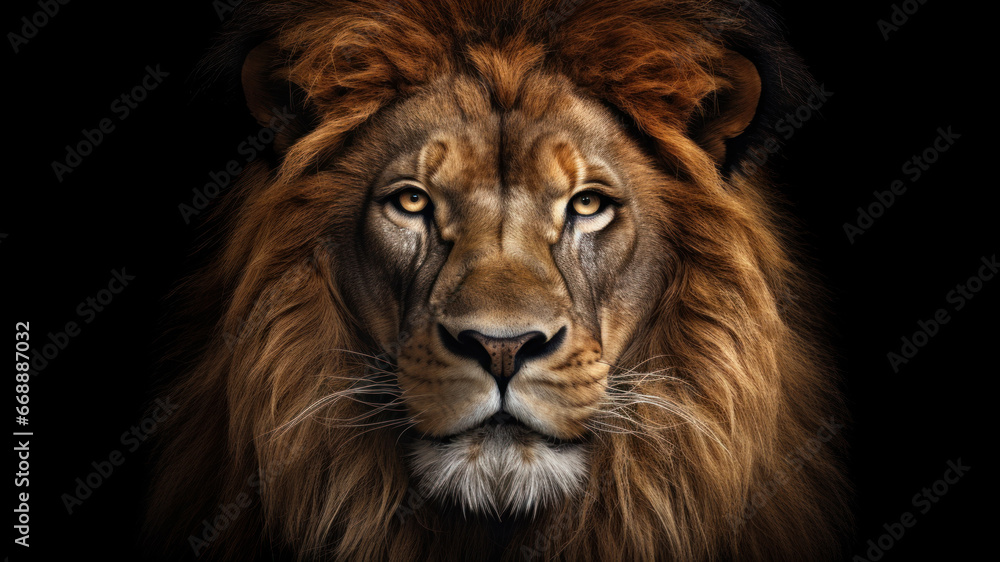Portrait of a lion on a black background.