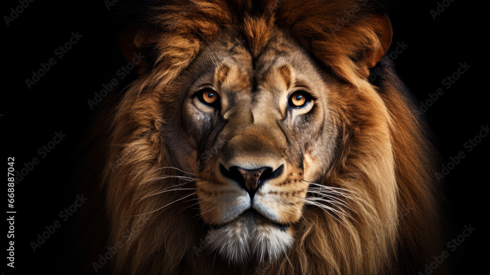 Portrait of a lion on a black background, close-up