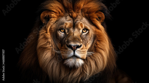 Portrait of a male lion on a black background.