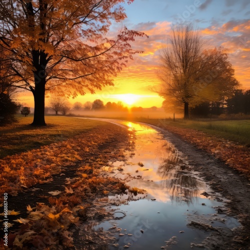 a puddle of water with trees and sunset
