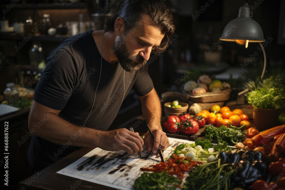 A chef creating a menu with locally sourced, seasonal ingredients, championing sustainable and ethical food sourcing. Generative Ai. A chef creating a menu with locally sourced, seasonal ingredients, championing sustainable and ethical food sourcing. Generative Ai.