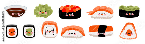 Set of kawaii sushi, rolls, nigiri, sashimi, nigiri, maki, gunkan, uramaki with tuna, shrimp, salmon, tempura, seaweed, caviar, wasabi and soy souse.Funny cute face characters. Japanese cartoon style.