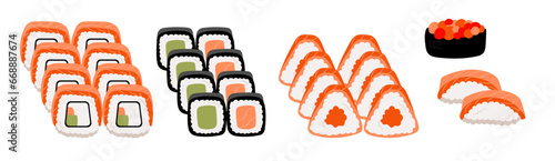 Set of sushi, rolls, nigiri, sashimi, nigiri, maki, gunkan, uramaki with tuna, shrimp, salmon, tempura, seaweed, caviar, wasabi and soy souse. Japanese style. Vector illustration for restaurant menu