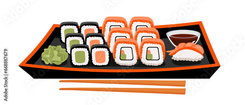 Set of sushi on plate, rolls, nigiri, maki, uramaki with tuna, shrimp, salmon, tempura, seaweed, caviar, wasabi and soy souse. Japanese style. Vector illustration