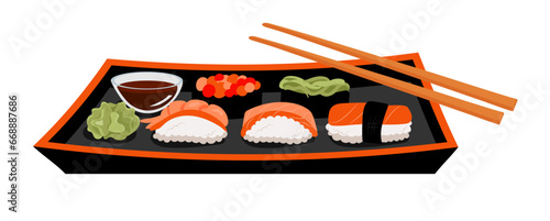 Set of sushi on plate, rolls, nigiri, maki, uramaki with tuna, shrimp, salmon, tempura, seaweed, caviar, wasabi and soy souse. Japanese style. Vector illustration