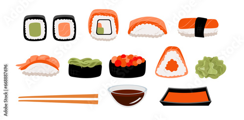 Set of sushi, rolls, nigiri, sashimi, nigiri, maki, gunkan, uramaki with tuna, shrimp, salmon, tempura, seaweed, caviar, wasabi and soy souse. Japanese style. Vector illustration