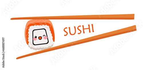 Logo of kawaii sushi, rolls. Funny cute face character. Chopsticks holding sushi roll. Concept for exotic nutrition, sushi restaurant, sea food. Vector icon.