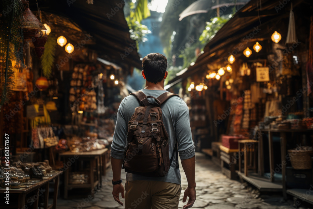 A traveler exploring an exotic market in a foreign country, capturing the spirit of adventure that comes with international migration. Generative Ai. A traveler exploring an exotic market in a foreign country, capturing the spirit of adventure that comes with international migration. Generative Ai.