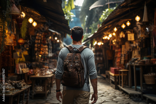 A traveler exploring an exotic market in a foreign country, capturing the spirit of adventure that comes with international migration. Generative Ai. photo