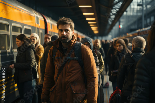 A crowded train station with commuters from different backgrounds, symbolizing the daily rhythms of international migration in urban areas. Generative Ai.