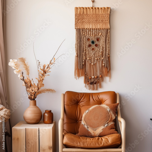 Salon boho - fotel i makrama. Brązowe i beżowe kolory wnętrza. Render 3d. Wizualizacja	