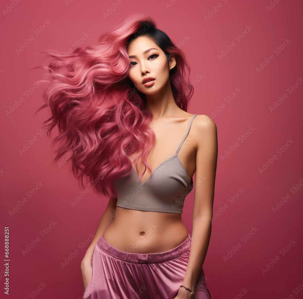Confident woman with cascading pink hair against a rose backdrop. Wearing a neutral camisole, her captivating gaze stands out Confident woman with cascading pink hair against a rose backdrop. Wearing a neutral camisole, her captivating gaze stands out