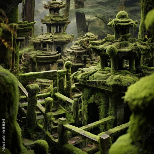 a small buildings covered in moss
