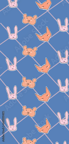 background in blue with bunny bear fox crossline pattern photo