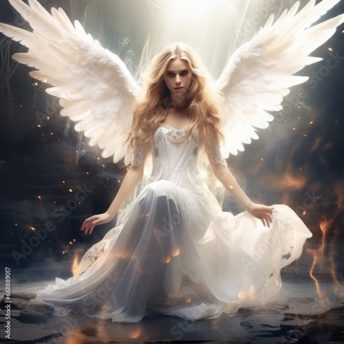 a woman in white dress with wings