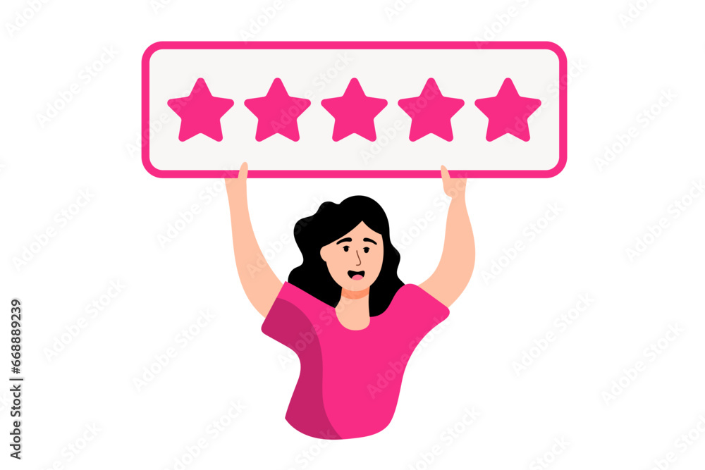Girl with 5 stars sign, customer giving review or rating vector illustration Girl with 5 stars sign, customer giving review or rating vector illustration
