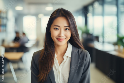 Asian business woman wearing casual clothes, in the office. happy