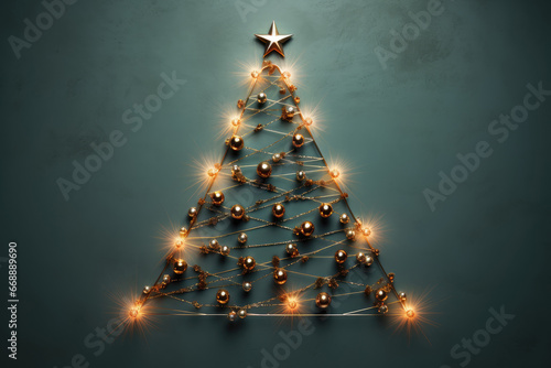 Fancy alternative christmas tree with gold star made of festive garland, colored beads and wire strings on green background, flat lay, top view. Christmas and new year, zero waste concept