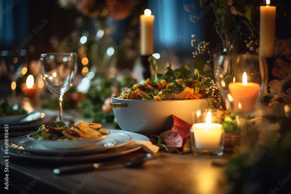 Elegant table setting with candles in restaurant. Selective focus. Romantic dinner setting with candles on table in restaurant.
