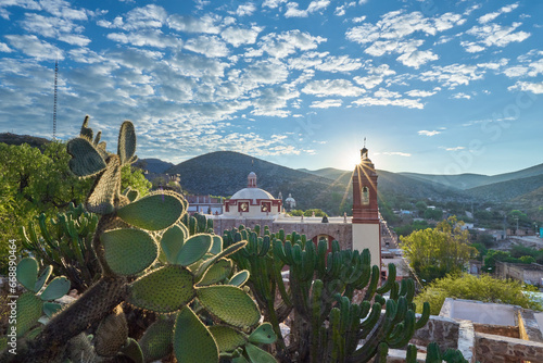 View of San Pedro hill at sunrise in San Luis Potosi, old town like Real de Catorce, Mexico, Magic town. 