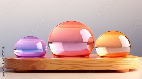 3D render Blank empty wooden pastel colourful glossy light round podium on background. Mock up template for product presentation. copy text space.