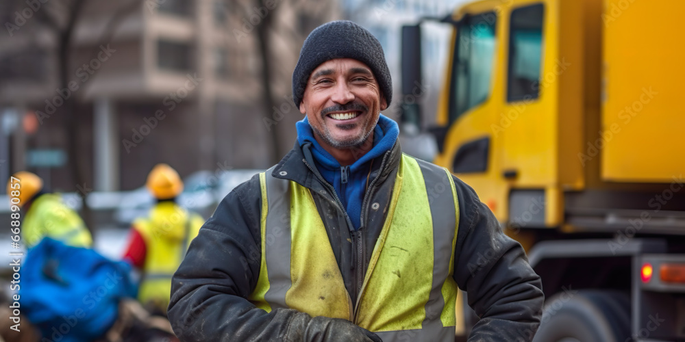 Latino garbage collector with blurred background transportation - obrazy, fototapety, plakaty 