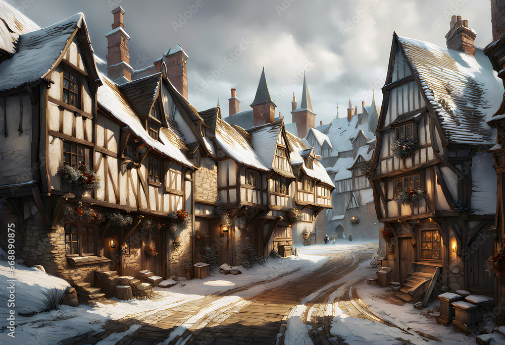painting of a medieval town street in winter with ancient houses covered in snow