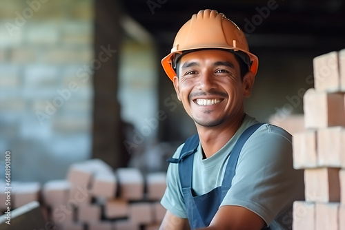 Latin construction worker man, construction material background photo