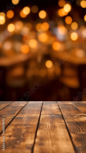 Empty wooden table with blurred lights background. Space for advertising, brand or product