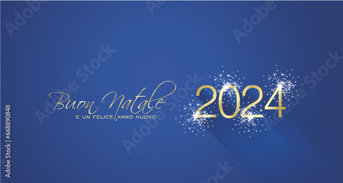 Merry Christmas beautiful calligraphy Happy New Year 2024 Italian language new shape shining firework gold white blue greeting card