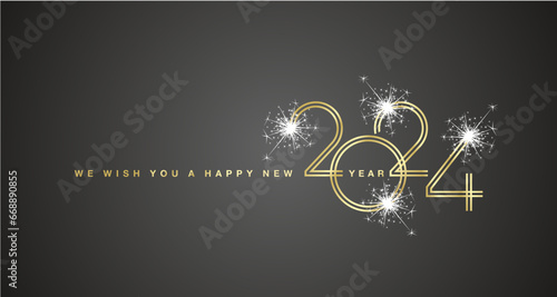 We wish You a Happy New Year 2024 eve new golden double line design numbers with white sparkle firework black background greeting card