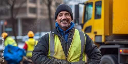 Latino garbage collector with blurred background transportation photo