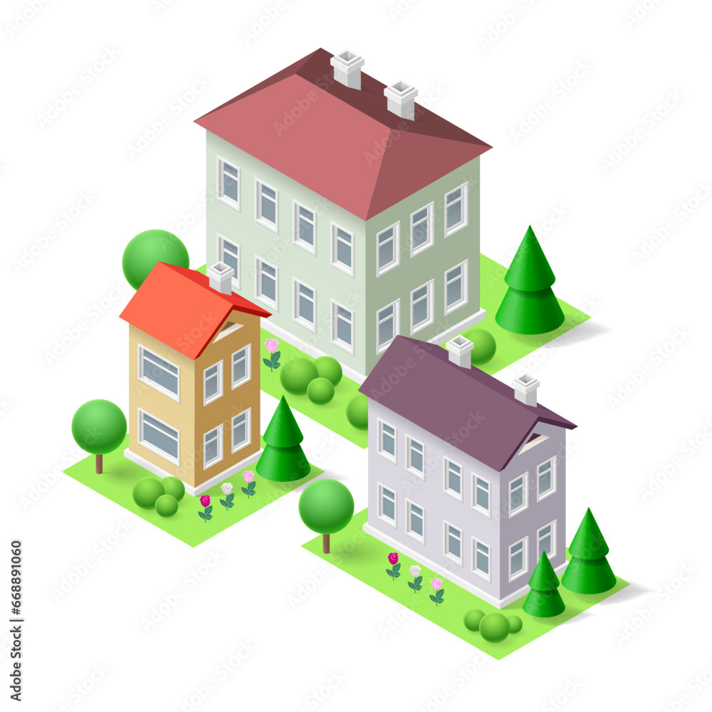 A colorful isometric icon featuring three vibrant buildings stands out amidst a green landscape with trees, flowers, and grass. Ideal for real estate or home concept designs