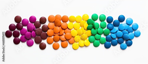 Round chocolate chips in rainbow colors melting on a white background to form chocolate shapes